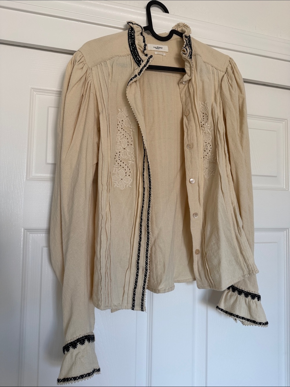 Isabel Marant Cream Button-Front Embroidered Blouse with Black Trim